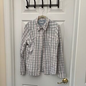Columbia Women's Shades of Gray and Pink Plaid Button-Down Sun Shirt
